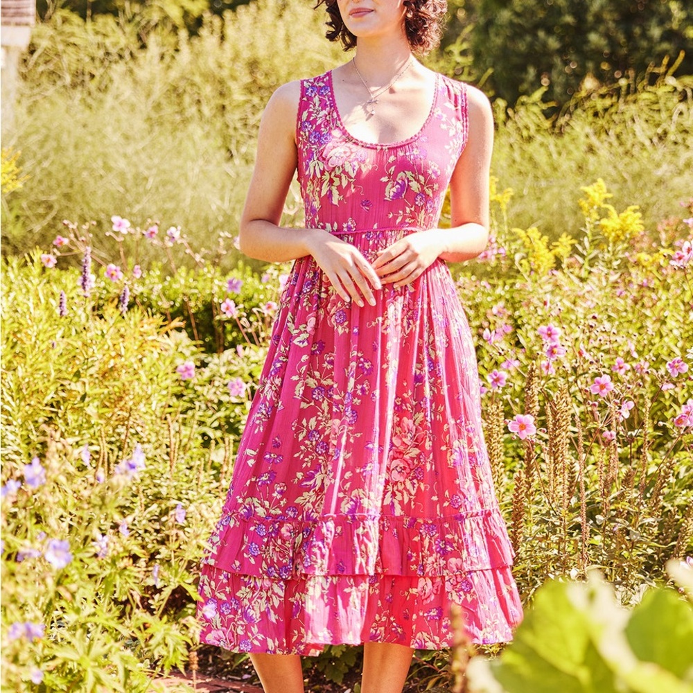 New April Cornell Pink Ruffled Tiered Tropic Bouquet Sundress